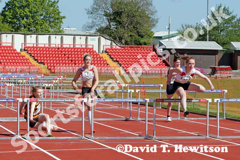 Georgina Honeyman (Gateshead) winning the under-15s 75 metres hurdles at the North Eastern Champs, Gateshead.
